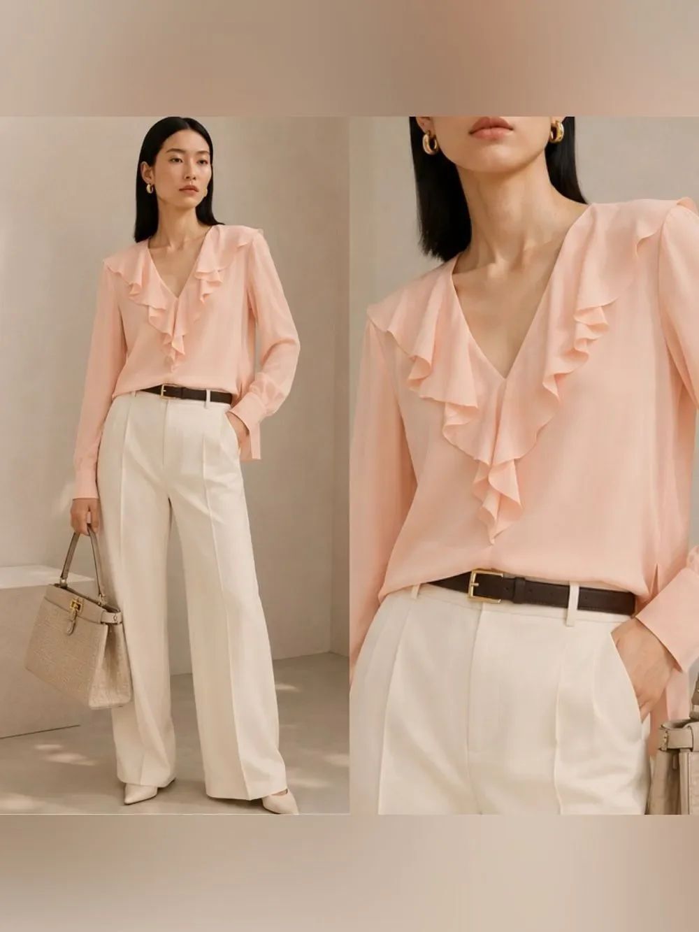 NEW FENDI Silk Ruffle blouse in pink salmon pastel
